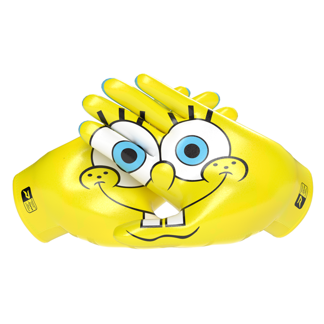 Phenom Elite SpongeBob SquarePants Vapor-Stick football gloves — yellow Bikini Bottom licensed Nickelodeon gloves, palm view showing silicone Vapor-Stick grip