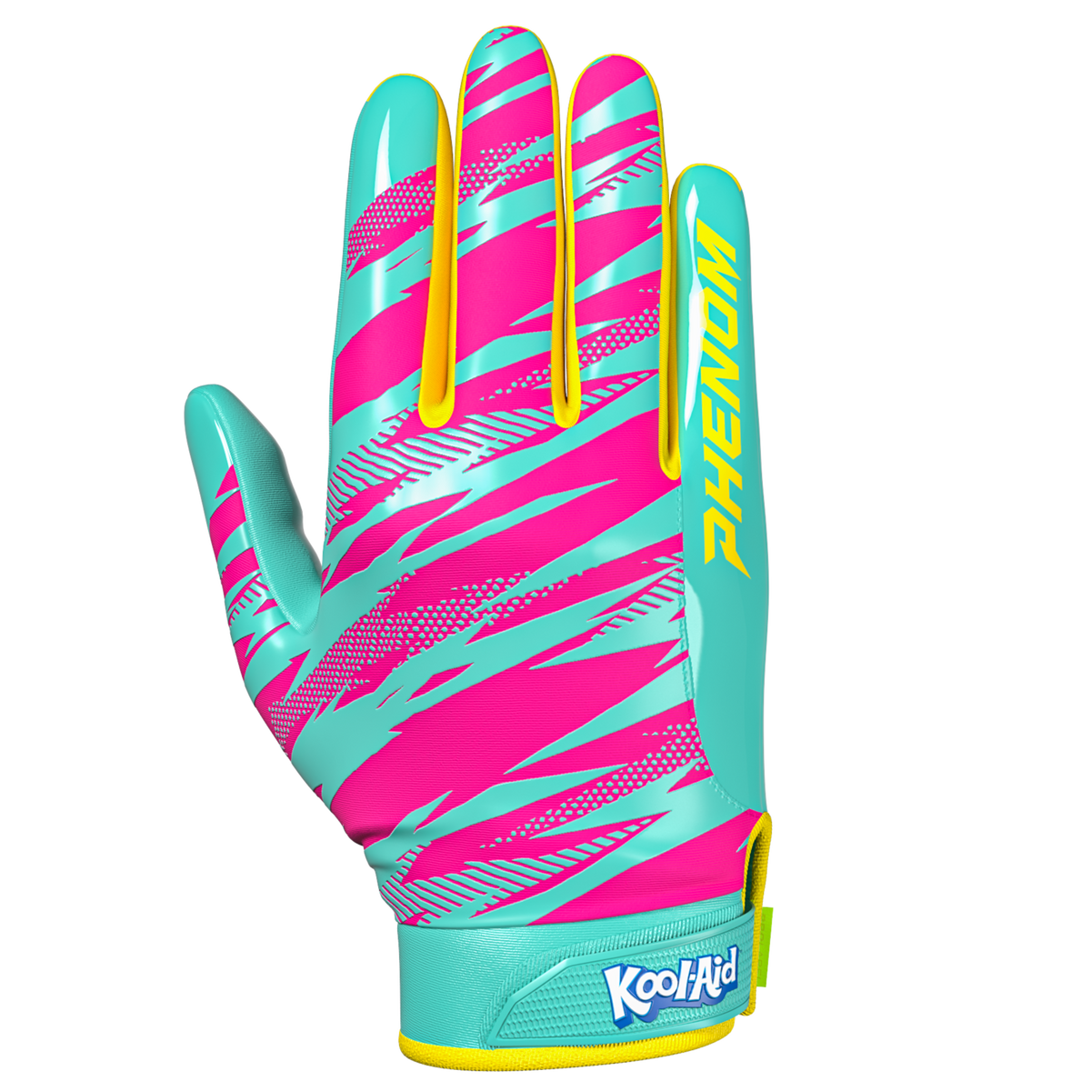 Phenom Elite Kool-Aid Sharkleberry Fin Vapor-Stick football gloves — teal, pink, and yellow licensed Kool-Aid gloves, palm view showing silicone Vapor-Stick grip