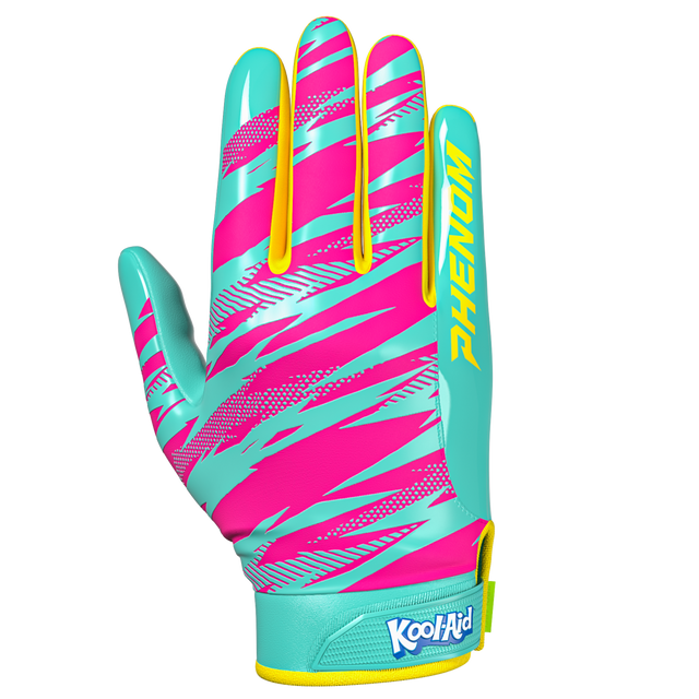 Phenom Elite Kool-Aid Sharkleberry Fin Vapor-Stick football gloves — teal, pink, and yellow licensed Kool-Aid gloves, palm view showing silicone Vapor-Stick grip
