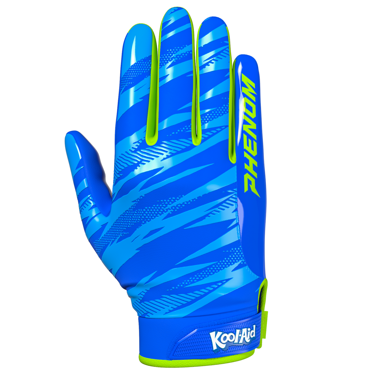 Phenom Elite Kool-Aid Great Bluedini Vapor-Stick football gloves — royal blue and volt green licensed Kool-Aid gloves, palm view showing silicone Vapor-Stick grip