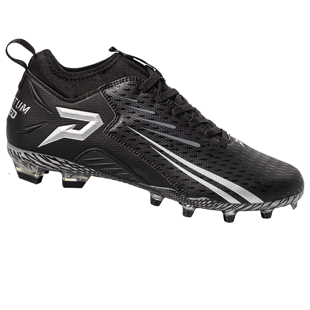 Phenom Elite Quantum Speed 2.0 black football cleat — low-cut speed cleat, side view