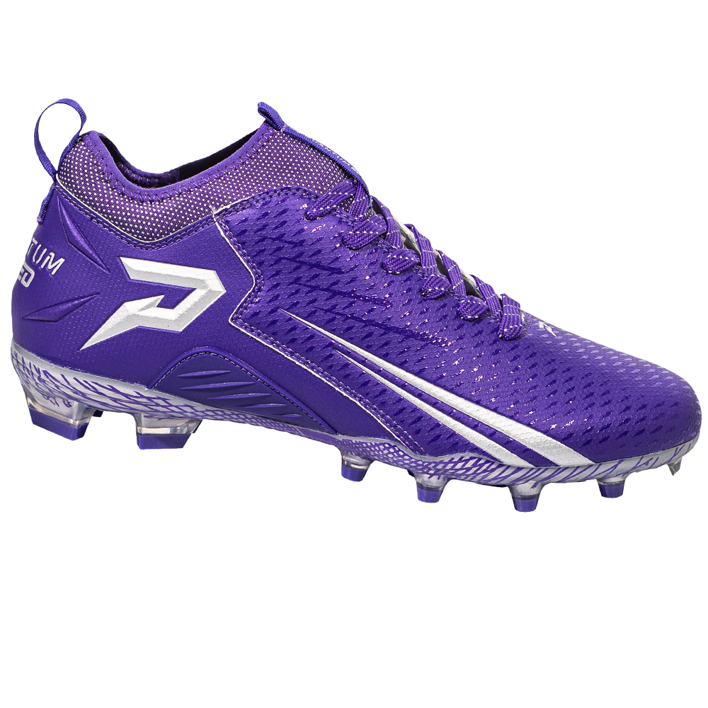 Phenom Elite Quantum Speed 2.0 purple football cleat — low-cut speed cleat, side view