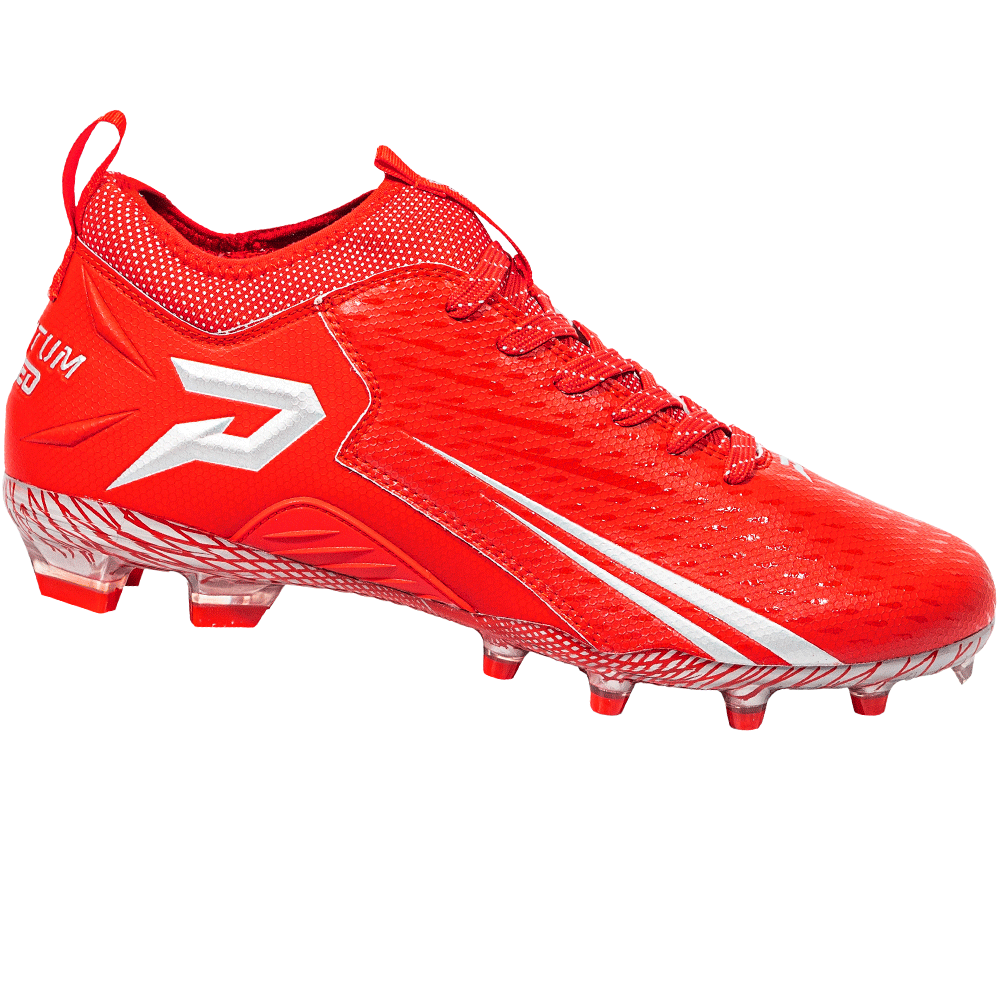 Phenom Elite Quantum Speed 2.0 red football cleat — low-cut speed cleat, side view