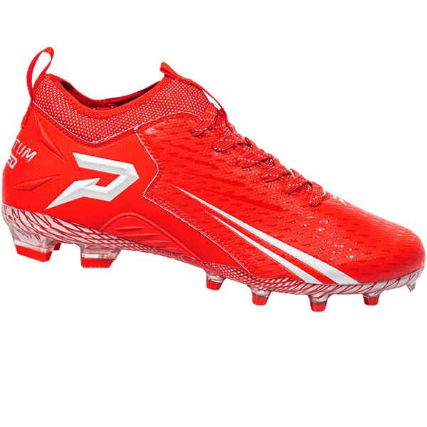 Phenom Elite Quantum Speed 2.0 red football cleat — low-cut speed cleat, side view