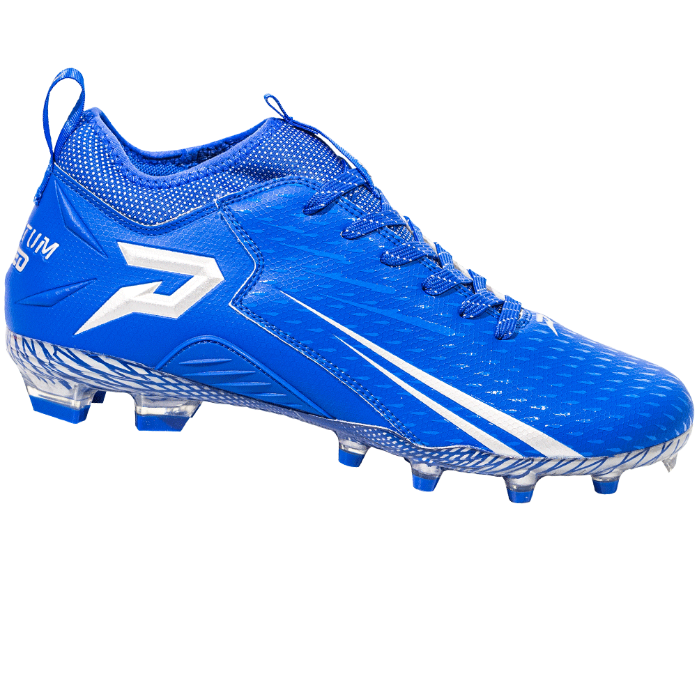 Phenom Elite Quantum Speed 2.0 royal blue football cleat — low-cut speed cleat, side view