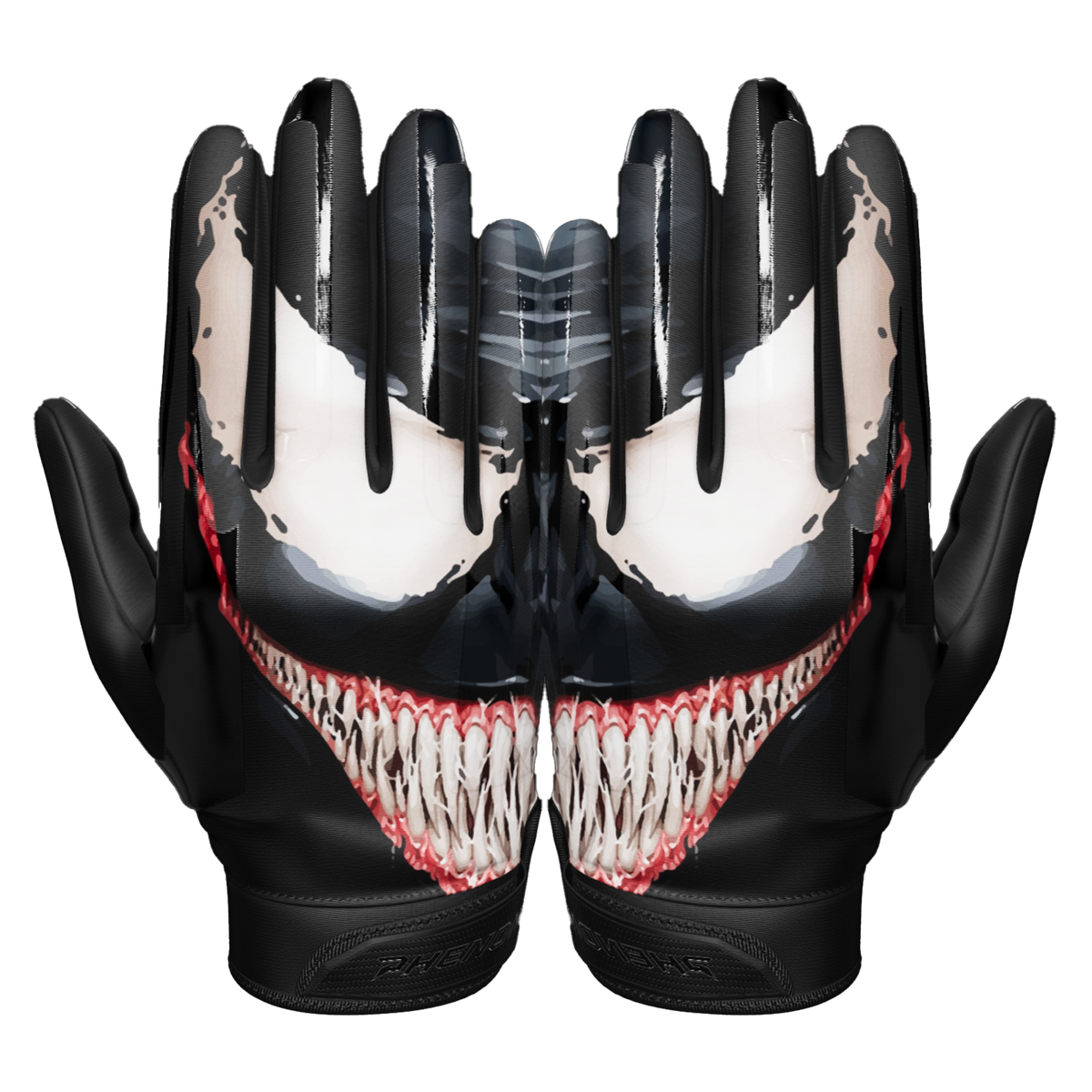 Phenom Elite Villain VPS3 Vapor-Stick football gloves — all-black villain-themed product shot, palm and backhand view