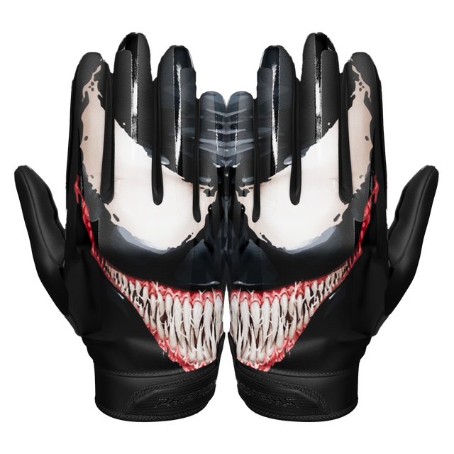 Phenom Elite Villain VPS3 Vapor-Stick football gloves — all-black villain-themed product shot, palm and backhand view