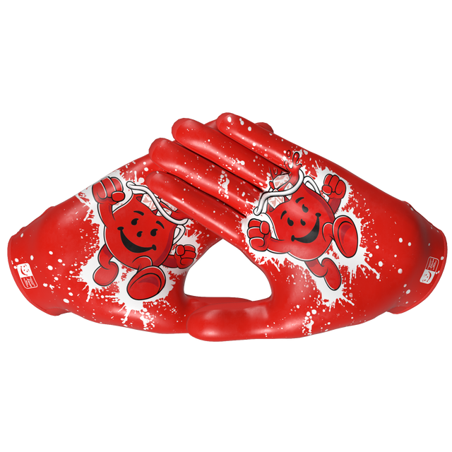 Phenom Elite Kool-Aid Cherry Vapor-Stick football gloves — Kool-Aid red with white splatter, licensed Kool-Aid gloves, backhand view of Lycra silicone-print shell