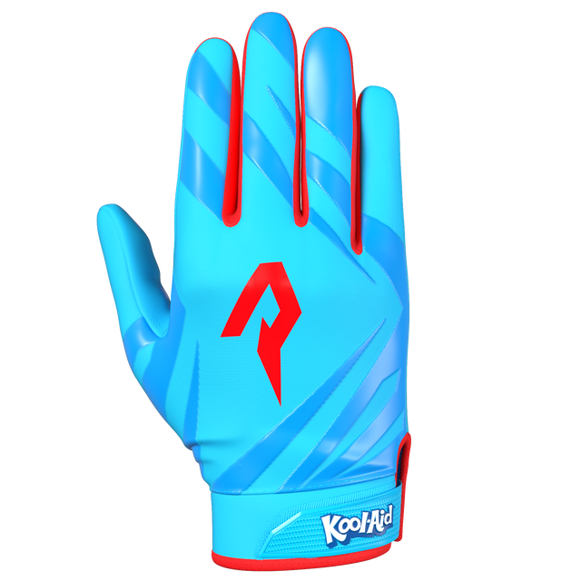 Phenom Elite Kool-Aid Mixed Berry Vapor-Stick football gloves — electric blue lightning-pattern licensed Kool-Aid gloves, palm view showing silicone Vapor-Stick grip