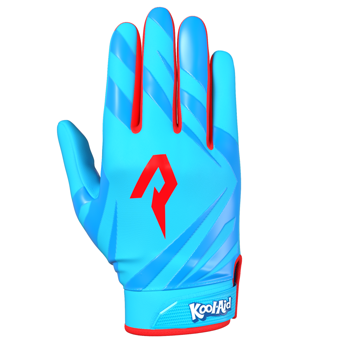Phenom Elite Kool-Aid Mixed Berry Vapor-Stick football gloves — electric blue lightning-pattern licensed Kool-Aid gloves, palm view showing silicone Vapor-Stick grip