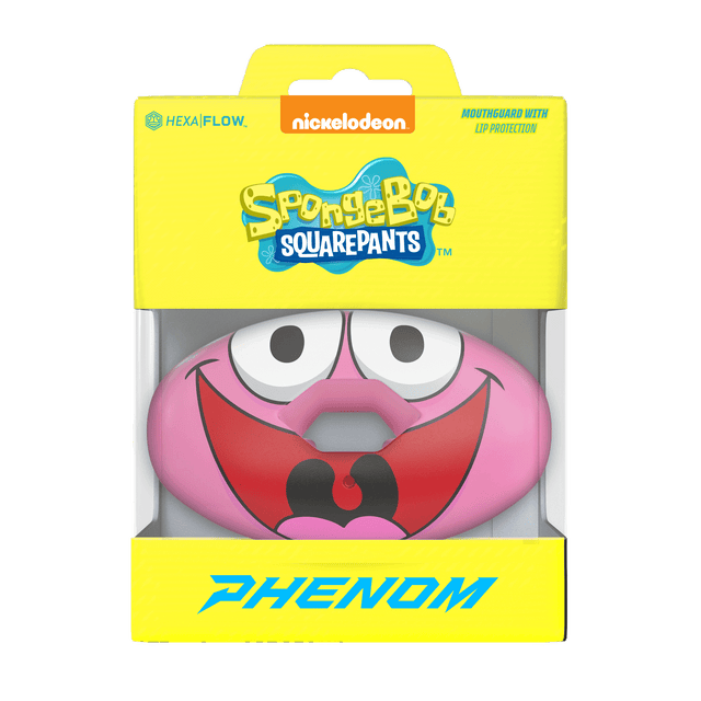 Phenom Elite x Nickelodeon SpongeBob Patrick Star Hexa-Flow football mouthguard — packaged box shot, licensed pink Patrick design