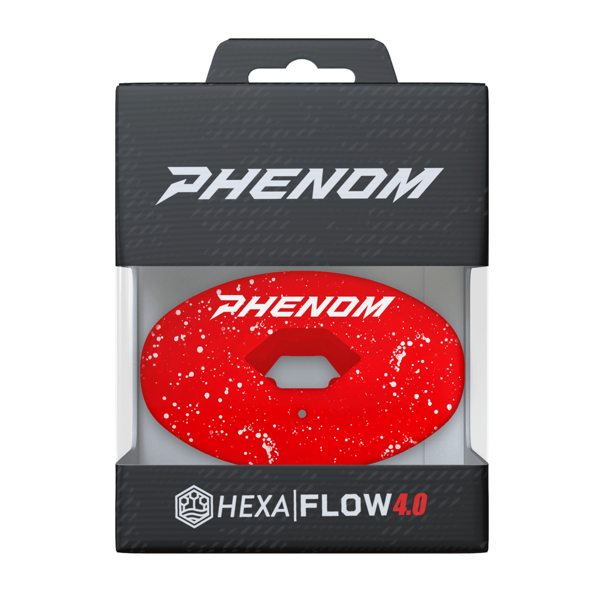 Phenom Elite Hexa-Flow Cherry football mouthguard — packaged box shot, bold Phenom red colorway