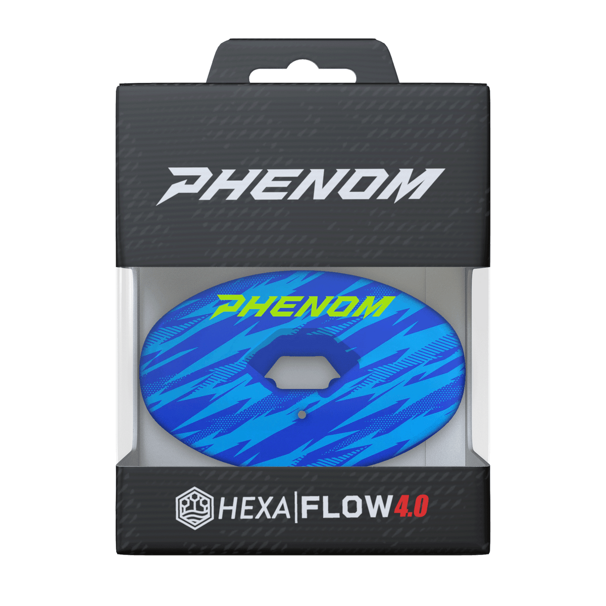 Phenom Elite Hexa-Flow Dini football mouthguard — packaged box shot, royal blue Bluedini colorway