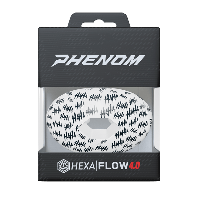 Phenom Elite Hexa-Flow Haha football mouthguard — packaged box shot, black-and-white Haha pattern
