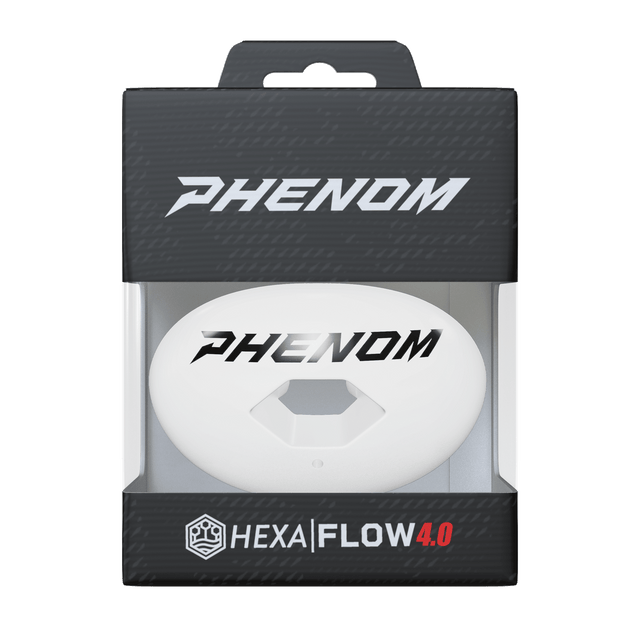Phenom Elite Hexa-Flow White football mouthguard — packaged box shot, solid white ready-to-wear design