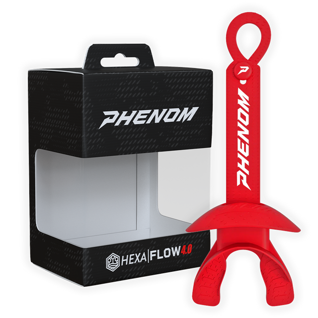 Phenom Elite Hexa-Flow 4.0 football mouthguard — packaged box shot, red colorway