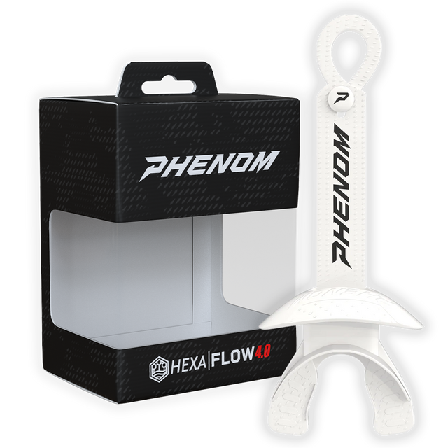 Phenom Elite Hexa-Flow 4.0 football mouthguard — packaged box shot, white colorway