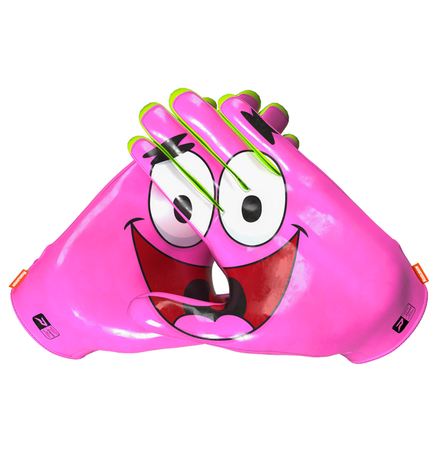 Phenom Elite Patrick Star Vapor-Stick football gloves — pink and green licensed Nickelodeon gloves, palm view showing silicone Vapor-Stick grip with Patrick artwork