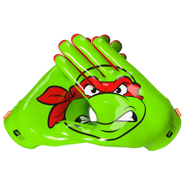 Phenom Elite TMNT Raphael Vapor-Stick football gloves — green shell licensed Nickelodeon gloves with Raphael red bandana, palm view showing silicone Vapor-Stick grip