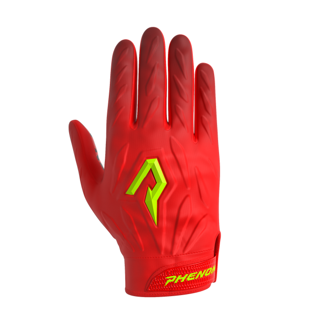 Phenom Elite Quantum Fierce Red Leopard padded football gloves — red leopard print back-of-hand with knuckle padding