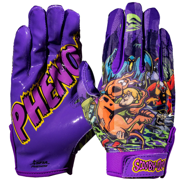 Phenom Elite x Scooby-Doo Unmasked VPS1 Vapor-Stick football gloves — purple, green, yellow, black villain artwork, main product shot