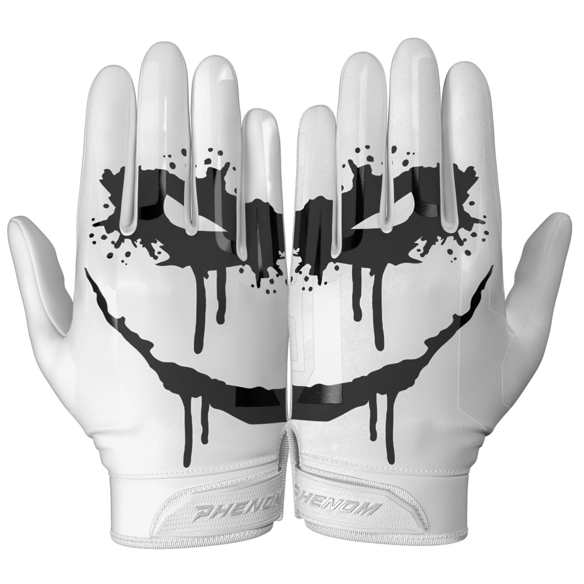 Phenom Elite Sinister VPS1 Vapor-Stick football gloves — black and white horror-themed Sinister Face design, main product shot