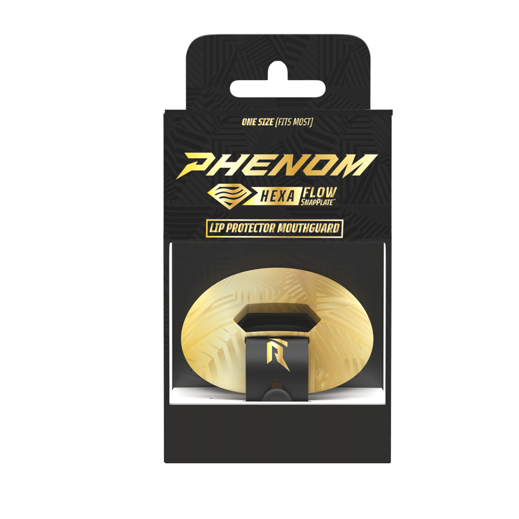 Phenom Elite HexaFlow 4.0 SnapPlate Black Gold Rush football mouthguard — packaged box shot with black and gold SnapPlate overlay
