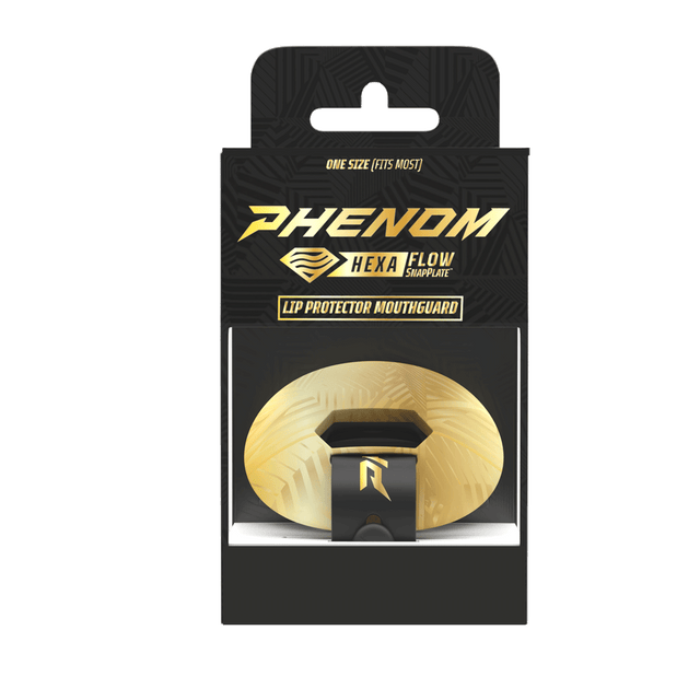 Phenom Elite HexaFlow 4.0 SnapPlate Black Gold Rush football mouthguard — packaged box shot with black and gold SnapPlate overlay