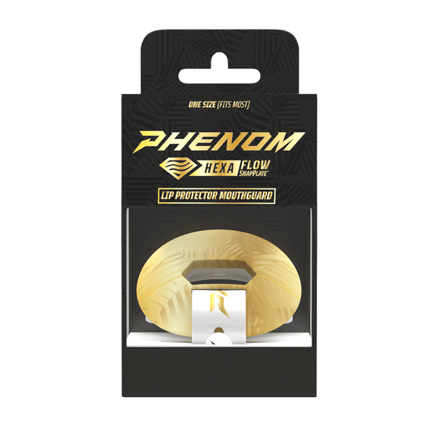 Phenom Elite HexaFlow 4.0 SnapPlate White Gold Rush football mouthguard — packaged box shot with white and gold SnapPlate overlay