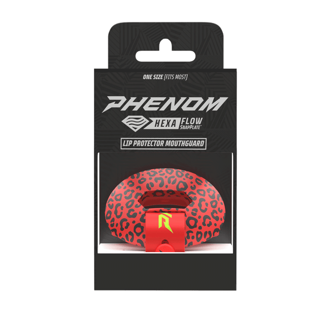 Phenom Elite HexaFlow 4.0 SnapPlate Red Leopard football mouthguard — packaged box shot with red leopard print SnapPlate overlay