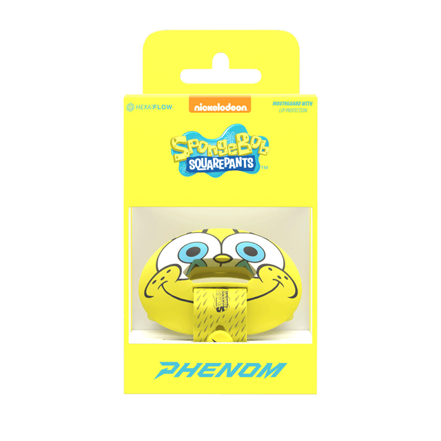 Phenom Elite x Nickelodeon SpongeBob HexaFlow 4.0 SnapPlate football mouthguard — licensed yellow SpongeBob SquarePants design