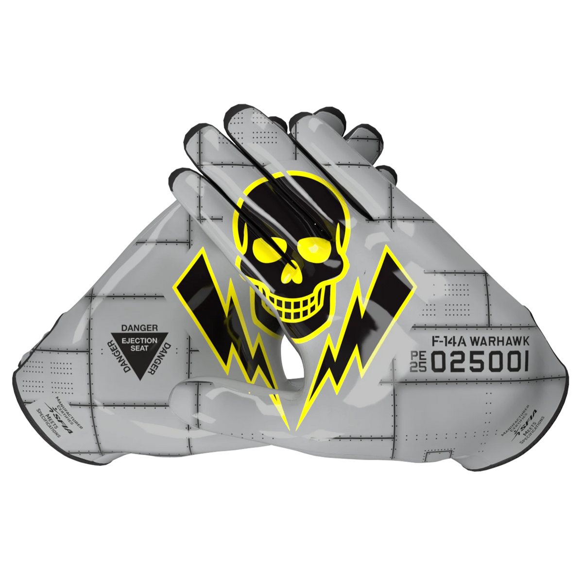 Phenom Elite Warhawk Vapor-Stick football gloves — grey receiver gloves, palm view showing Vapor-Stick grip and pinky extension
