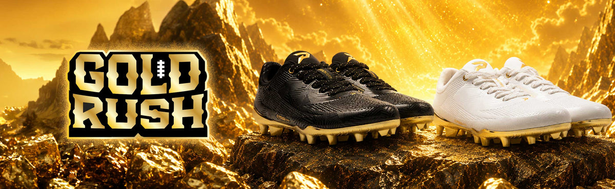 Phenom Elite Gold Rush Quantum Carbon football cleats in white with metallic gold accents