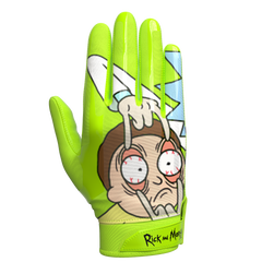 Phenom Elite x Rick and Morty VPS1 Vapor-Stick football gloves — acid green, slime, teal, and black character art, render 01