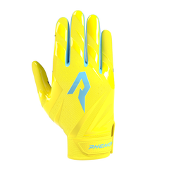 Phenom Elite SpongeBob SquarePants Vapor-Stick football gloves — yellow Bikini Bottom licensed Nickelodeon gloves, backhand view of Lycra silicone-print shell with SpongeBob art