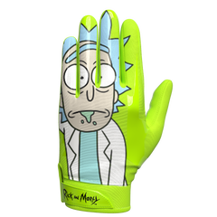 Phenom Elite x Rick and Morty VPS1 Vapor-Stick football gloves — acid green, slime, teal, and black character art, render 02