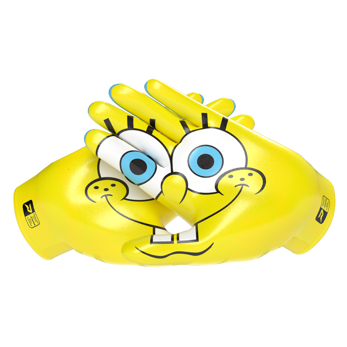 Phenom Elite SpongeBob SquarePants Vapor-Stick football gloves — yellow Bikini Bottom licensed Nickelodeon gloves, palm view showing silicone Vapor-Stick grip