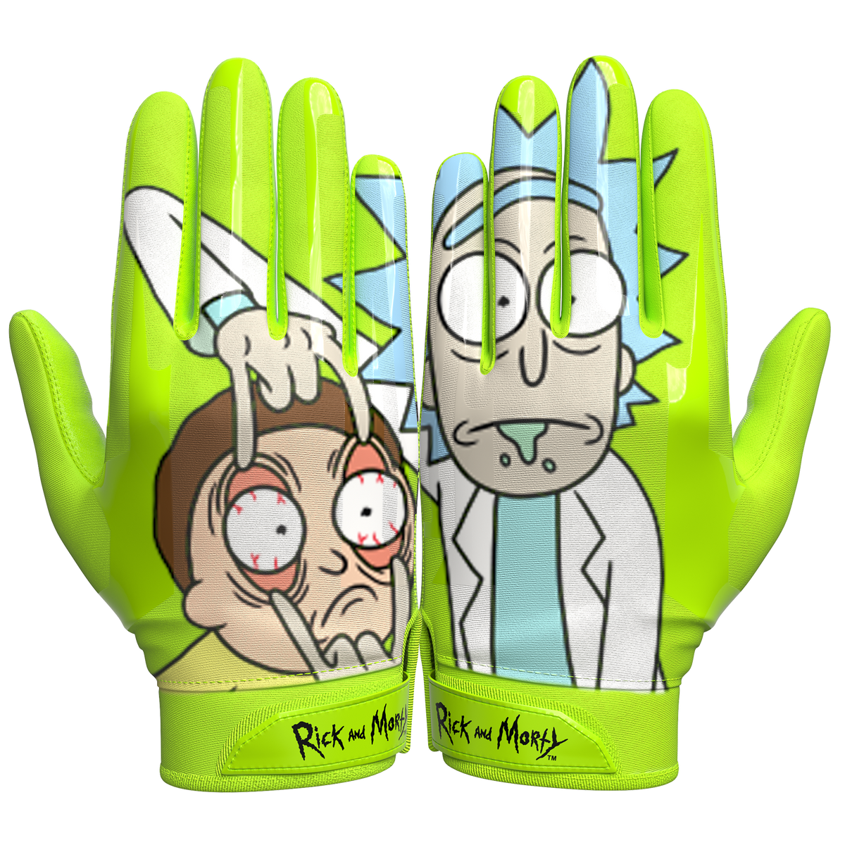 Phenom Elite x Rick and Morty VPS1 Vapor-Stick football gloves — acid green, slime, teal, and black character art, render 04