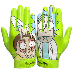 Phenom Elite x Rick and Morty VPS1 Vapor-Stick football gloves — acid green, slime, teal, and black character art, render 04