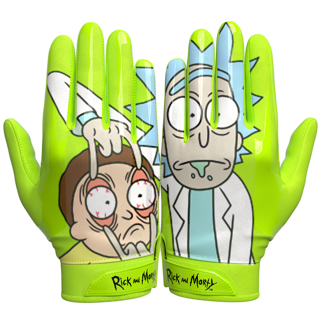 Phenom Elite x Rick and Morty VPS1 Vapor-Stick football gloves — acid green, slime, teal, and black character art, render 04
