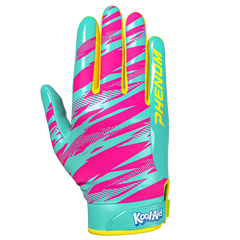 Phenom Elite Kool-Aid Sharkleberry Fin Vapor-Stick football gloves — teal, pink, and yellow licensed Kool-Aid gloves, palm view showing silicone Vapor-Stick grip