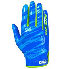 Phenom Elite Kool-Aid Great Bluedini Vapor-Stick football gloves — royal blue and volt green licensed Kool-Aid gloves, palm view showing silicone Vapor-Stick grip