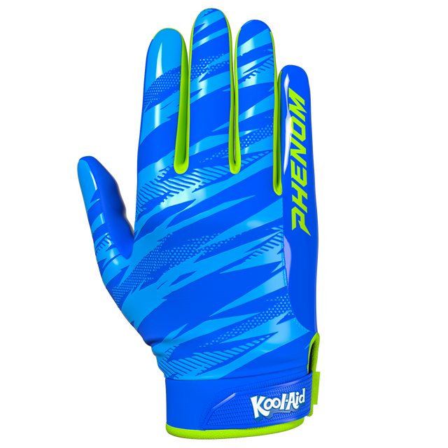 Phenom Elite Kool-Aid Great Bluedini Vapor-Stick football gloves — royal blue and volt green licensed Kool-Aid gloves, palm view showing silicone Vapor-Stick grip