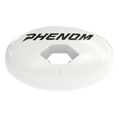 Phenom Elite Hexa-Flow White football mouthguard — solid white design with Phenom logo branding and attached strap