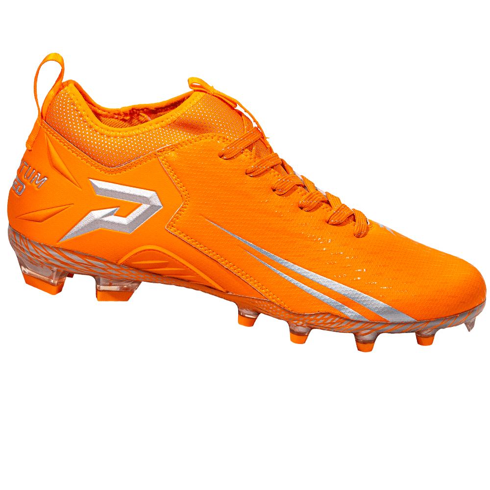 Phenom Elite Quantum Speed 2.0 orange football cleat — low-cut speed cleat, side view