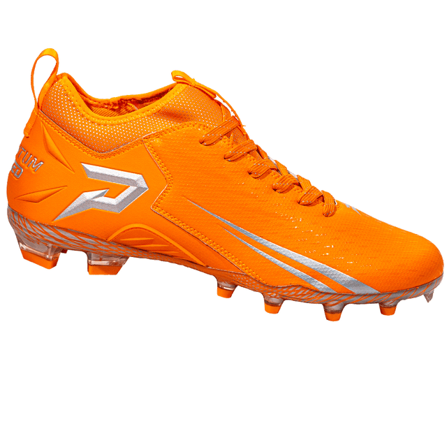 Phenom Elite Quantum Speed 2.0 orange football cleat — low-cut speed cleat, side view
