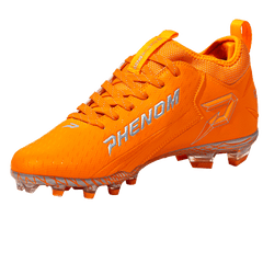 Phenom Elite Quantum Speed 2.0 orange football cleat — angled view, low-cut speed silhouette