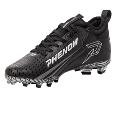 Phenom Elite Quantum Speed 2.0 black football cleat — angled view, low-cut speed silhouette