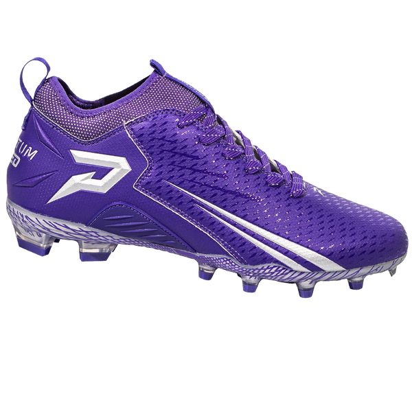 Phenom Elite Quantum Speed 2.0 purple football cleat — low-cut speed cleat, side view