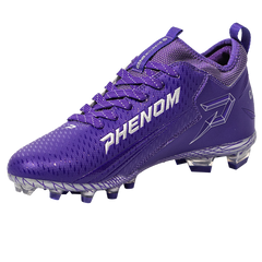 Phenom Elite Quantum Speed 2.0 purple football cleat — angled view, low-cut speed silhouette